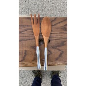 Nambe Wood Salad Serving Utensils Set Spoon Fork Metal Handles 2 Pc
